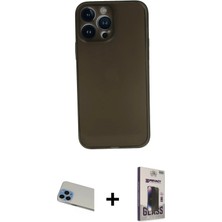 Cepte Toptan iPhone 13 Pro Max Yadigar Yansıma Serisi - Siyah Bilvis Hayalet Cam Ekran Koruyucu + Mavi Rainbow Kamera Lens Koruma Cam