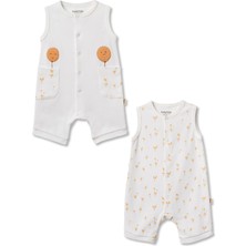 Magu Unisex Bebek Pamuklu Ekru 2'li Kolsuz Tulum Seti - Desenli ve Cepli