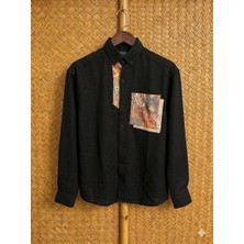 Hasır Cepli Keten Gömlek  Siyah