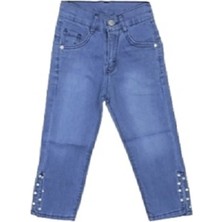 Egecan Paçası Yırtmaçlı, Taşlı Açık Mavi Kız Çocuk Kot Pantolon 3171
