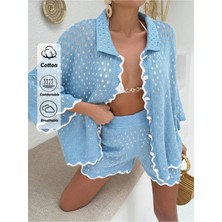 Jinx Wear Fashion Önü Düğmeli, Kadın Gömlek ve Kısa Şortlu Delikli Ajurlu Yaz Plaj Takımı.