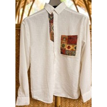 Hasır Cepli Keten Gömlek Beyaz