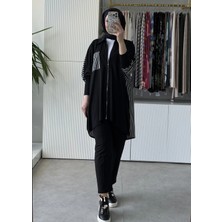 Tığ Triko Önden Fermuarlı Sırtı Çizgi Desenli Tunik Pantolon Takım 5090 Siyah