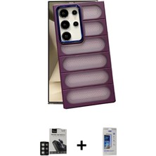 Cepte Toptan Galaxy S24 Ultra Yadigar Doku Özel Seri - Siyah Durable Full Glue Curved Cam + Derin Mor Pvd Metal Kamera Lens