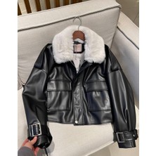 Scalı Kadın Siyah Suni Deri Yaka Oversize Mont Ceket Pilot Ceket