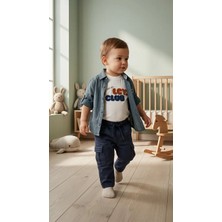 Tace Kıds Erkek Bebek 3'lü Gömlekli Yazlık Kombin – Baskılı Tişört ve Cepli Pantolonlu (6-24 Ay) Mavi Renkli