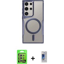 Cepte Toptan Galaxy S24 Ultra Yadigar Klasik Özel Seri - Siyah Durable Full Glue Curved Cam + Mor Raze Metal Kamera Lens