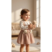 Ayıcık Figürlü Müslin Dokulu Kız Bebek Jile Elbise-1-3 Yaş