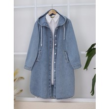 Modamorfo Kapşonlu Düğmeli Oval Kesim Kot Kap -Buz Mavi