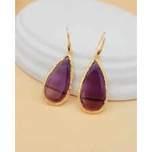 Nevoka Eflatun Kedi Gözü Uzun Damla Sıvama Altın Kaplama Küpe