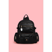 Westbag Kadın Suni Deri Siyah Çok Gözlü Sırt Çantası