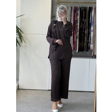 Tığ Triko Metal Tokalı Fular Detaylı Pantolonlu Takım 5082 Kahve