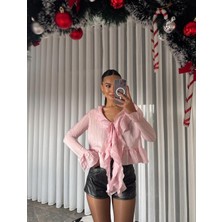 EAS Giyim Transparan Fırfırlı Çizgi Detaylı Gömlek