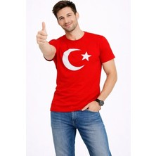 Antakya Yöresi Erkek T-Shirt Kısa Kol Bisiklet Yaka Ay Yıldız Bayrak Baskılı Tişört - Kırmızı