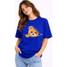 Nevermind Fermuarlı Ayıcık Baskılı Kadın Tişört Oversize Sevimli Teddy Bear Baskılı Pamuk T-Shirt