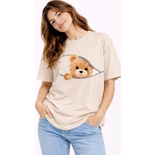 Nevermind Fermuarlı Ayıcık Baskılı Kadın Tişört Oversize Sevimli Teddy Bear Baskılı Pamuk T-Shirt