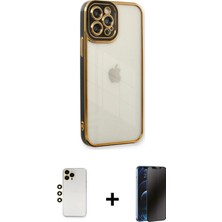 Cepte Toptan iPhone 12 Pro Max Çekirdek Klasik Serisi - Siyah 3D Antistatik Hayalet Cam Ekran Koruyucu + Gold Shine Kamera Lens