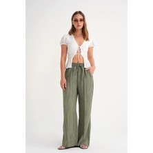 Mixray 4643 Kadın Önü Çımalı Palazzo Bol Paça Pantolon Haki