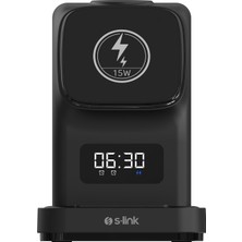 S-Link Sw-Cwf130 Siyah Telefon Kulaklık Akıllı Saat 15W 3 İn 1 Magsafe Led Logo Kablosuz Şarj Cihazı