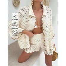 Jinx Wear Fashion Önü Düğmeli, Kadın Gömlek ve Kısa Şortlu Delikli Ajurlu Yaz Plaj Takımı.