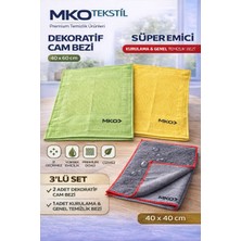 Mko Tekstil 2ADET Dekoratif Cam Bezi ve  1 Adet Süper Emici Mikrofiber Kurulama ve Genel Temizlik Bezi  3'lü Set