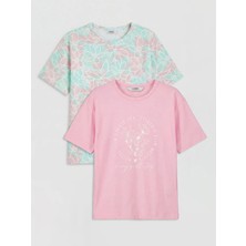 LC Waikiki Lcw Kids Pembe Bisiklet Yaka Desenli Kız Çocuk 2'li Tişört