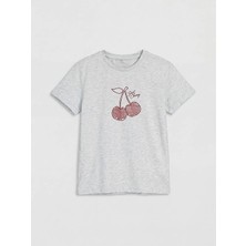LC Waikiki Lcw Kids Gri Bisiklet Yaka Taşlı Kız Çocuk Tişört