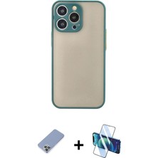 Cepte Toptan iPhone 13 Pro Ahenk Çizgi Serisi - Siyah 3D Antistatik Seramik Nano Ekran Koruyucu + Koyu Yeşil Metal Kamera Lens Koruma Cam