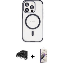 Cepte Toptan iPhone 15 Pro Eksen Klasik Koleksiyonu - Siyah Bilvis 3D Mat Cam Ekran Koruyucu + Gümüş Raze Metal Kamera Lens