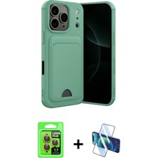 Cepte Toptan iPhone 17 Pro Vadi Çizgi Prime - Siyah 3D Antistatik Cam Ekran Koruyucu + Turuncu Raze Metal Kamera Lens