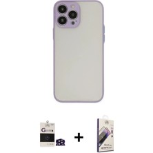 Cepte Toptan iPhone 14 Pro Max Ahenk Çizgi Serisi - Siyah Bilvis 3D Mat Cam Ekran Koruyucu + Derin Mor Bilvis Titan Kamera Lens