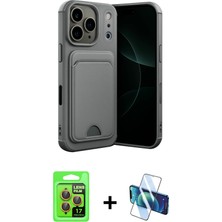 Cepte Toptan iPhone 17 Pro Vadi Çizgi Prime - Siyah 3D Antistatik Cam Ekran Koruyucu + Turuncu Raze Metal Kamera Lens