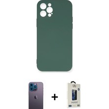 Cepte Toptan iPhone 12 Pro Max Ahenk Serisi - Siyah Bilvis Hayalet Cam Ekran Koruyucu + Mavi Neon Fosforlu Kamera Lens