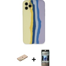 Cepte Toptan iPhone 11 Pro Yadigar Çizgi - Siyah 34D Hayalet Izgaralı Cam + Pembe Renkli Kamera Lens Koruma Cam