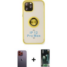 Cepte Toptan iPhone 12 Pro Yörünge Çizgi - Siyah 360 Mat Full Body Arka Koruyucu + Turuncu Neon Fosforlu Kamera Lens