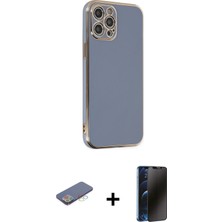 Cepte Toptan iPhone 12 Pro Yankı Serisi - Siyah 3D Antistatik Hayalet Cam Ekran Koruyucu + Mavi Renkli Kamera Lens Koruma Cam