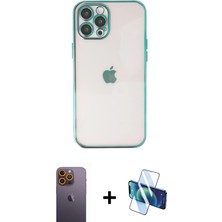 Cepte Toptan iPhone 12 Pro Max Vadi Minimal - Siyah 3D Antistatik Cam Ekran Koruyucu + Sarı Neon Fosforlu Kamera Lens