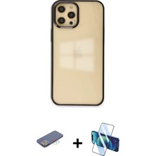 Cepte Toptan iPhone 12 Pro Max Doruk Doku Prime - Siyah 3D Antistatik Seramik Nano Ekran Koruyucu + Mavi Renkli Kamera Lens Koruma Cam