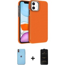 Cepte Toptan iPhone 11 Doruk Serisi - Siyah 6d Antistatik Mat Seramik Hayalet Nano Ekran Koruyucu + Turuncu Neon Fosforlu Kamera Lens