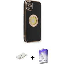 Cepte Toptan iPhone 12 Iz Form Serisi - Siyah Bilvis 5in1 3D Magic Cam Ekran Koruyucu + Sarı Renkli Kamera Lens Koruma Cam