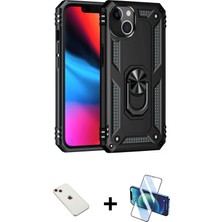 Cepte Toptan iPhone 14 Ahenk Klasik Koleksiyonu - Siyah 3D Antistatik Cam Ekran Koruyucu + Kırmızı Diamond Kamera Lens