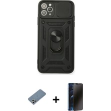 Cepte Toptan iPhone 11 Pro Max Ahenk Klasik - Siyah 3D Antistatik Hayalet Cam Ekran Koruyucu + Gümüş Shine Kamera Lens Koruma Cam