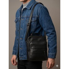 Abnturk Siyah 5 Bölmeli Kasalı Tablet Bölmeli Ünisex Iş Çantası Hakiki Deri Görünümlü  Askılı Çanta