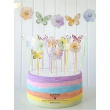 Partince Makaron Kelebek Çiçek Konsept 5 Parça Parti Süsleme Seti Renkli Doğum Günü Süsü Pasta Süsü