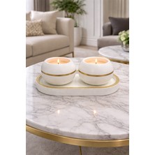 Nox Atelier 2’li Beyaz Gold Şerit Detaylı Dekoratif Mum – Gold Altlıklı Minimal Mum Seti