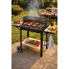 Binbirreyon Tekerlekli Mangal Iki Ahşap Sehpalı Raflı 4 Adet Kancalı Kömürlü Mangal AF046