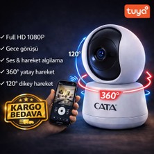 Cata Akıllı Kamera 360 Derece Full HD 1080 Gece Görüşlü Beyaz Renkli Takip Özelliği