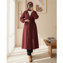 Modamorfo Hakim Yaka Tünel Bağcıklı Kaşe Kaban   -Bordo