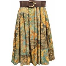 Mixray 4872 Kadın Kemerli Şal Desenli Midi Etek Yeşil