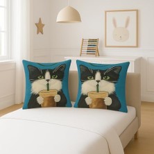 4’lü Dekoratif Yastık Kılıfı Seti - Sevimli Siyah Beyaz Kedi Deseni, Yumuşak Kare Kırlent Kılıfları, Ev ve Ofis Dekoru, Fermuarlı, 45X45 cm Kedi Temalı Hediye Seti